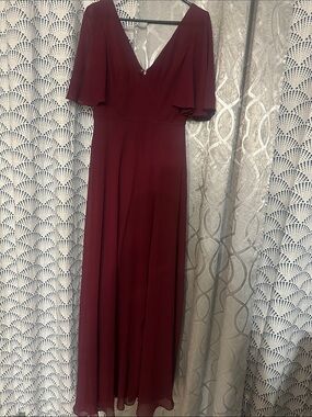 Maniju Women's V-Neck Flutter Sleeve Maxi Dress in Burgundy Sz M